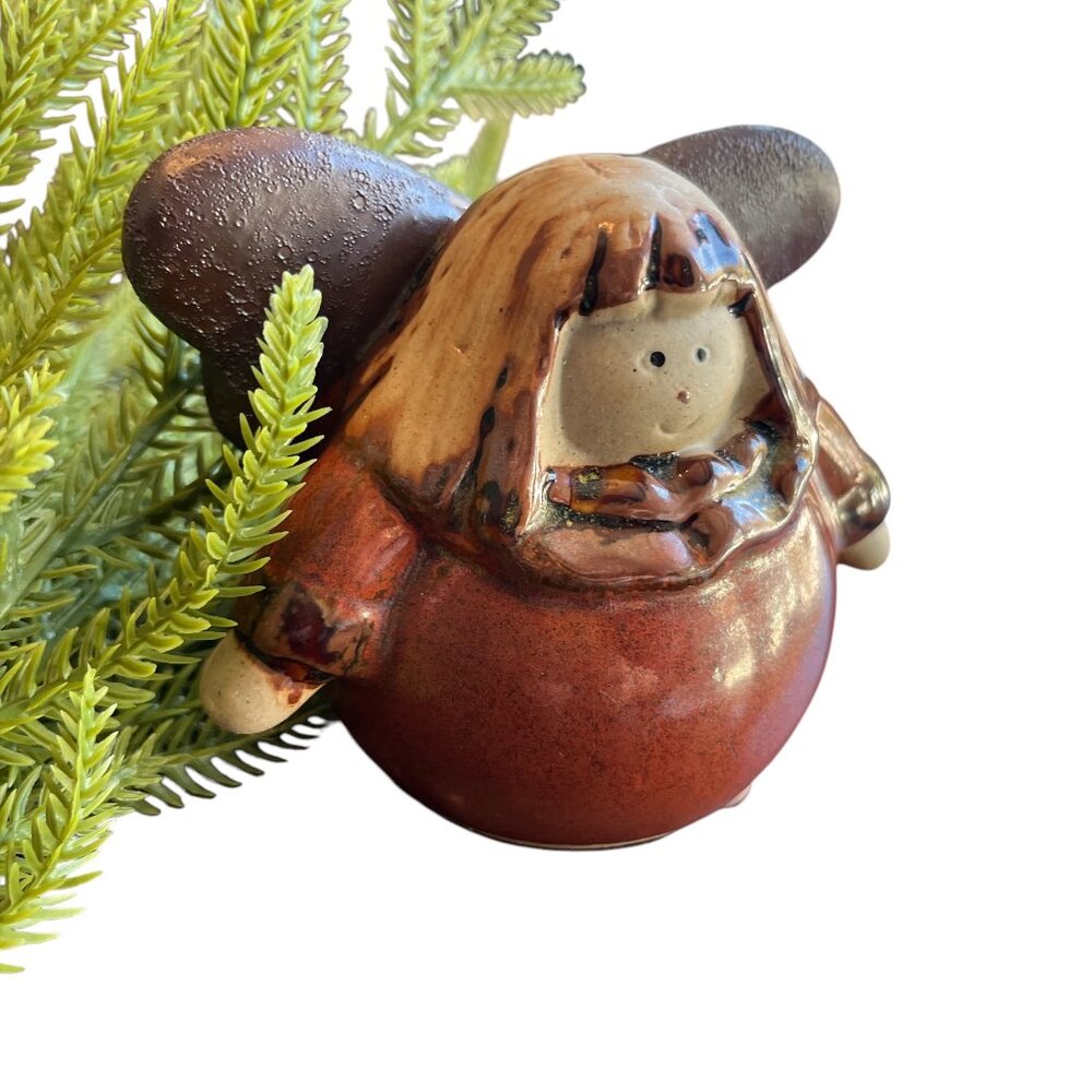 Round Brown Roly Poly Angel Pottery Figurine 3" x 4" Curvy Christmas Heavenly